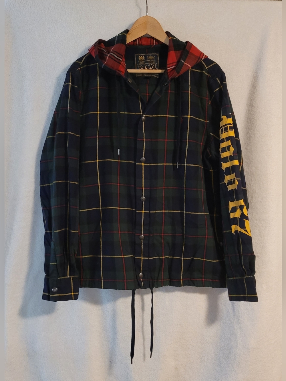 ​Polo Ralph Lauren Hooded Flannel Coaches Jacket - Green Plaid "Polo 67" - L EUC
